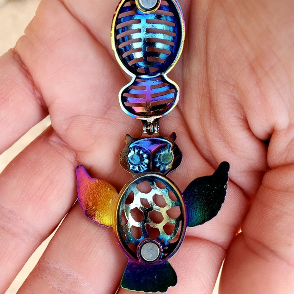 New Carved Rainbow Hematite Owl Open Pendant. - Picture 10 of 11